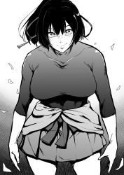 Rule 34 | 10s, 1girl, bad id, bad twitter id, bifidus, breasts, collarbone, commentary request, gradient background, greyscale, hair ribbon, hakama, hakama skirt, ise (kancolle), japanese clothes, kantai collection, large breasts, looking at viewer, monochrome, ponytail, ribbon, shirt, skirt, smile, solo, tight clothes, tight shirt