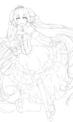 Rule 34 | 1girl, :d, absurdres, bare shoulders, brooch, cane, cape, commentary, detached sleeves, dress, dutch angle, earrings, frilled dress, frilled sleeves, frills, full body, greyscale, hair ornament, hatsune miku, high heels, highres, jewelry, layered dress, lineart, long hair, long sleeves, looking at viewer, monochrome, neck ruff, one eye closed, open mouth, princess, puffy long sleeves, puffy sleeves, pumps, rabbit yukine, skirt hold, sleeveless, sleeveless dress, slippers, smile, snowflake hair ornament, so ra 01 02, strapless, strapless dress, thighhighs, tiara, transparent background, twintails, twintails day, very long hair, vocaloid, white background, yuki miku, yuki miku (2019)