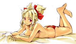 Rule 34 | 1girl, blonde hair, breasts, kubocha, looking at viewer, lying, on stomach, original, red eyes, short hair, simple background, smile, solo, topless, white background
