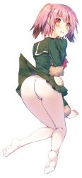 Rule 34 | 10s, 1girl, ass, black hair, bow, bowtie, colored tips, full body, green jacket, green skirt, highres, jacket, kantai collection, kunashiri (kancolle), long sleeves, multicolored hair, mutsuno hekisa, pantyhose, pink hair, pleated skirt, red bow, red bowtie, short hair, skirt, solo, transparent background, two side up, white background, white pantyhose, yellow eyes