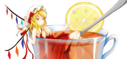 Rule 34 | 1girl, blonde hair, breasts, cheshuilishang, covered erect nipples, cup, cupping glass, embodiment of scarlet devil, female focus, flandre scarlet, food, fruit, hat, in container, in cup, lemon, mini person, minigirl, red eyes, short hair, solo, tea, touhou, white background, wings