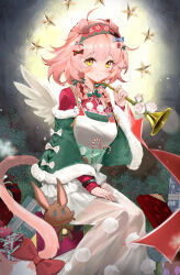 Rule 34 | 1girl, absurdres, animal ears, apron, arknights, bow, bracelet, braid, candy, candy cane, cat ears, cat girl, floppy ears, flower, food, fur-trimmed sleeves, fur trim, goldenglow (arknights), goldenglow (maiden for the bright night) (arknights), hair bow, hairband, highres, holding, holding instrument, infection monitor (arknights), instrument, jewelry, lulumao, official alternate costume, pink hair, print hairband, red hairband, red sweater, single braid, sitting, stuffed toy, sweater, tail, tail bow, tail ornament, trumpet, yellow eyes