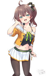 Rule 34 | 1girl, absurdres, ahoge, bare shoulders, black pantyhose, blue eyes, blush, breasts, brown hair, camisole, cheese (cheese koubou), hair ribbon, hand in own hair, highres, hololive, looking at viewer, midriff, natsuiro matsuri, navel, open mouth, pantyhose, pleated skirt, ribbon, side ponytail, signature, simple background, skirt, small breasts, solo, virtual youtuber, white background