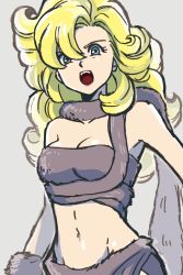 Rule 34 | 1girl, ayla (chrono trigger), blonde hair, blue eyes, breasts, caveman, chrono trigger, cleavage, curly hair, grey background, hair between eyes, highres, long hair, looking at viewer, marimoriah, navel, open mouth, scarf, simple background, solo