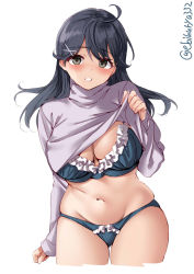 Rule 34 | 1girl, ahoge, alternate costume, black hair, blue bra, blue panties, blush, bra, breasts, clenched hand, clothes lift, cowboy shot, ebifurya, frilled bra, frilled panties, frills, grey eyes, hair ornament, hairclip, highres, kantai collection, large breasts, long hair, looking at viewer, open mouth, panties, simple background, solo, sweater, sweater lift, twitter username, underwear, ushio (kancolle), white background