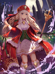 Rule 34 | 1girl, blue eyes, boots, castle, dew (7302235), dress, full moon, hand up, hat, highres, holding, holding staff, knee boots, long hair, moon, night, night sky, outdoors, parted lips, plant, red hat, sky, staff, standing, white footwear, white hair