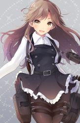 Rule 34 | 10s, 1girl, :d, arashio (kancolle), arashio kai ni (kancolle), belt, brown eyes, brown hair, buckle, collared shirt, crime prevention buzzer, dress, frilled dress, frills, highres, kantai collection, long hair, long sleeves, looking at viewer, machinery, open mouth, pantyhose, pinafore dress, searchlight, shirt, sleeveless, sleeveless dress, smile, solo, sparkle, tebi (tbd11), thigh strap, white shirt