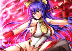 Rule 34 | &gt;:), 1girl, antenna hair, armpits, backless outfit, bare shoulders, blazblue, blazblue: central fiction, blazblue variable heart, blue hair, bow, breasts, fingerless gloves, genderswap, genderswap (mtf), gloves, groin, hair between eyes, hair bow, halterneck, highres, holding, holding weapon, karadborg, large breasts, long hair, looking away, lowleg, lowleg pants, mai natsume, midriff, navel, pants, parted lips, pink eyes, polearm, ponytail, red eyes, red gloves, sideboob, sidelocks, smile, solo, spear, v-shaped eyebrows, very long hair, weapon, yellow bow