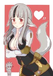 Rule 34 | 1boy, 1girl, alternate costume, amagumo1023, animal ears, aristocratic clothes, black hair, cosplay, father and daughter, fire emblem, fire emblem fates, grey hair, heart, highres, keaton (fire emblem), keaton (fire emblem) (cosplay), multicolored hair, nintendo, pectoral cleavage, pectorals, red eyes, solo focus, streaked hair, tail, two-tone hair, velouria (fire emblem), white hair, wolf boy, wolf ears, wolf girl, wolf tail