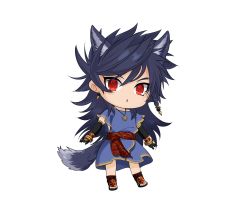 Rule 34 | 1boy, :o, alternate skin color, animal ears, blue hair, chibi, clothing cutout, dark blue hair, earrings, elbow gloves, fate/grand order, fate (series), full body, gloves, greco-roman clothes, highres, jewelry, long hair, male focus, necklace, onasu (sawagani), pale skin, red eyes, roman clothes, romulus quirinus (fate), short sleeves, side cutout, solo, tail, transparent background, upper body, very long hair, wolf boy, wolf ears, wolf tail
