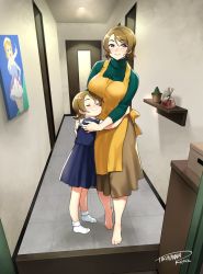 Rule 34 | 2girls, aged up, apron, barefoot, blue dress, blush, breasts, brown hair, brown skirt, closed mouth, commission, doorway, dress, green sweater, hug, koizumi hanayo, large breasts, long sleeves, looking at viewer, love live!, mother and daughter, multiple girls, poster (object), pov doorway, purple eyes, signature, skeb commission, skirt, smile, socks, standing, sweater, tachibana roku, yellow apron