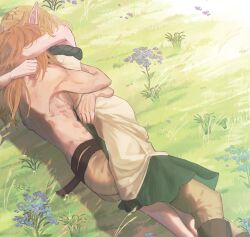 Rule 34 | 1boy, 1girl, ancient set (zelda), bare shoulders, belt, blonde hair, boots, braid, brown footwear, brown pants, commentary, couple, crown braid, day, dress, english commentary, frost mourne, grass, hetero, highres, hug, link, long hair, lying, nintendo, on side, outdoors, pants, pointy ears, princess zelda, short hair, sleeveless, sleeveless dress, the legend of zelda, the legend of zelda: tears of the kingdom, topless male
