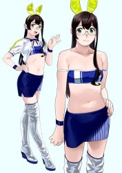Rule 34 | 1girl, alternate costume, animal ears, black hair, blue eyes, blue skirt, boots, breasts, closed mouth, collarbone, crop top, fake animal ears, full body, glasses, grey footwear, hand on own hip, highres, kantai collection, long hair, looking at viewer, midriff, miniskirt, multiple views, navel, ojipon, ooyodo (kancolle), open mouth, pencil skirt, rabbit ears, race queen, skirt, small breasts, smile, strap slip, thigh boots