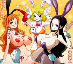 Rule 34 | 2023, 3girls, ;d, absurdres, animal ears, armpits, bare shoulders, bikini, black hair, blonde hair, blush, bouncing breasts, bow, bowtie, breasts, carrot (one piece), chinese zodiac, cleavage, curvy, dated, detached collar, fake animal ears, fake tail, female focus, furry, furry female, gradient background, green eyes, groin, hair slicked back, hands up, heart pasties, highres, huge breasts, japanese text, large breasts, legs, leotard, light smile, long hair, looking at viewer, multiple girls, nami (one piece), naughty face, navel, nico robin, one eye closed, one piece, open mouth, orange bikini, orange hair, panties, pantyhose, pasties, pink eyes, playboy bunny, rabbit ears, rabbit girl, rabbit pose, rabbit tail, red eyes, short hair, shoulder tattoo, side-tie bikini bottom, simple background, sitting, smile, string panties, sweatdrop, swimsuit, tail, tattoo, thighs, thong, thong bikini, underwear, wink, wrist cuffs, yamamoto doujin, year of the rabbit, yellow background
