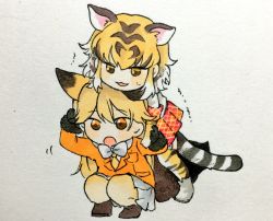 Rule 34 | 10s, 2girls, :3, :o, animal ears, animal print, ankle boots, black gloves, blazer, blonde hair, blush, boots, bow, bowtie, breast pocket, brown eyes, brown footwear, chibi, commentary request, extra ears, ezo red fox (kemono friends), fox ears, fox tail, full body, fur-trimmed sleeves, fur trim, gloves, gradient legwear, grey background, grey footwear, hair between eyes, hand on another&#039;s arm, hand on another&#039;s shoulder, highres, holding another&#039;s arm, jacket, jitome, kemono friends, light brown hair, long hair, long sleeves, looking at viewer, motion lines, multicolored clothes, multicolored eyes, multicolored hair, multicolored legwear, multiple girls, no nose, open mouth, orange eyes, orange jacket, orange legwear, pantyhose, plaid, plaid skirt, pleated skirt, pocket, red skirt, shirokuma (reirako-reirako), shirt, short sleeves, skirt, sleeve cuffs, squatting, standing, streaked hair, striped legwear, striped tail, sweat, tail, tiger (kemono friends), tiger ears, tiger print, tiger tail, traditional media, trembling, tsurime, white bow, white bowtie, white hair, white shirt, white skirt, yellow legwear