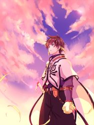 Rule 34 | 10s, 1boy, black pants, brown hair, cape, clenched hand, cloud, cloudy sky, corokuro, cowboy shot, earrings, feathers, from below, green eyes, highres, jewelry, male focus, outdoors, pants, sky, solo, sorey (tales), sword, tales of (series), tales of zestiria, weapon, yellow feathers