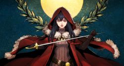 Rule 34 | 1girl, black hair, blue background, cape, cloak, commentary request, full moon, fur trim, gloves, highres, holding, holding sword, holding weapon, hood, hooded cloak, leslie the moon queen, long hair, looking at viewer, moon, olive branches, open mouth, pixiv fantasia, pixiv fantasia last saga, red cape, red cloak, red eyes, red hood, sankyou, simple background, standing, sword, weapon