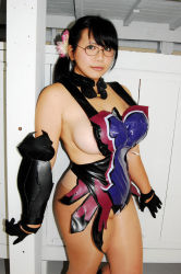 Rule 34 | airbrushed, bare shoulders, black hair, breasts, cattleya (queen&#039;s blade), cattleya (queen&#039;s blade) (cosplay), chouzuki maryou, cosplay, flower, glasses, gloves, large breasts, legs, photo (medium), ponytail, queen&#039;s blade, sideboob, solo, standing, thick thighs, thighs