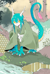 1boy animal_feet animal_hands blue_hair claws closed_mouth commentary_request dragon_boy eastern_dragon_horns eastern_dragon_tail full_body green_kimono highres hotathino japanese_clothes kimono long_hair looking_at_viewer male_focus monster_boy original outdoors solo squatting tree yellow_eyes