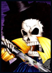Rule 34 | 2boys, afro, bandages, black hair, brook (one piece), ascot, fighting, hat, male focus, multiple boys, one piece, ryuuma, skeleton, skull, sword, thriller bark, top hat, weapon, zombie