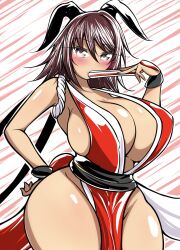 Rule 34 | 1girl, artist request, bare legs, bare shoulders, breasts, cosplay, curvy, fatal fury, hair ribbon, highres, huge breasts, mizuki shiranui, name connection, revealing clothes, ribbon, shiny skin, shiranui mai, shiranui mai (cosplay), solo, standing, taimanin (series), taimanin yukikaze