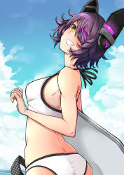 Rule 34 | 10s, 1girl, arched back, ass, bikini, blue sky, breasts, cloud, day, eyepatch, from side, gradient background, grin, headgear, highres, holding, kantai collection, kickboard, looking at viewer, looking to the side, medium breasts, messy hair, mikan (chipstar182), outdoors, purple hair, short hair, sky, smile, solo, swimsuit, tenryuu (kancolle), tenryuu (swimsuit mode) (kancolle), upper body, white bikini, yellow eyes