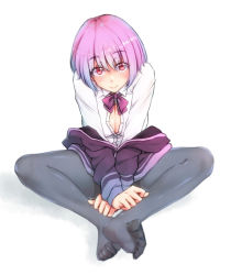 Rule 34 | 10s, 1girl, bow, breasts, button gap, cardigan, cleavage, collared shirt, feet, gridman universe, jacket, light purple hair, looking at viewer, pantyhose, purple bow, purple jacket, purple neckwear, red eyes, shinjou akane, shirt, sleeves past wrists, soles, solo, ssss.gridman, toes, white cardigan, yamauchi (conan-comy)