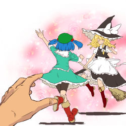 Rule 34 | 2girls, bad end, bad id, bad pixiv id, bike shorts, blonde hair, boots, broom, broom riding, closed eyes, female focus, hair bobbles, hair ornament, hat, kawashiro nitori, kirisame marisa, matsutani, multiple girls, pov, rejection, running, short hair, smile, touhou, twintails, two side up, waving, witch, witch hat