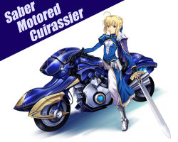 Rule 34 | 1girl, adapted costume, ahoge, aqua eyes, armor, artoria pendragon (all), artoria pendragon (fate), black gloves, blonde hair, capelet, excalibur (fate/stay night), fate/stay night, fate (series), faulds, gloves, greaves, juliet sleeves, long sleeves, looking at viewer, motor vehicle, motorcycle, pauldrons, puffy sleeves, riding, saber (fate), shian (my lonly life.), short hair, shoulder armor, solo, vehicle