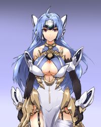 Rule 34 | 1girl, ahoge, android, arm guards, bare shoulders, black gloves, blue hair, breasts, cleavage, cleavage cutout, clothing cutout, depo (typebaby505), dress, elbow gloves, forehead protector, garter straps, gloves, headgear, kos-mos, kos-mos ver. 4, large breasts, long hair, looking at viewer, red eyes, sleeveless, sleeveless dress, solo, standing, white dress, xenosaga, xenosaga episode iii
