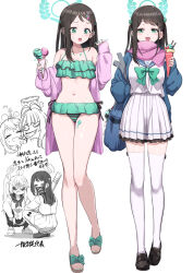 Rule 34 | 3girls, absurdres, airi (blue archive), bikini, black footwear, black hair, blue archive, blue cardigan, blue sailor collar, blush, cardigan, collarbone, fingernails, food, food on face, frilled bikini, frills, green bikini, green eyes, green halo, green nails, halo, highres, holding, holding food, ice cream, long hair, multiple girls, multiple views, natsu (blue archive), navel, open cardigan, open clothes, open mouth, pink scarf, pizzasi, pleated skirt, sailor collar, scarf, shoes, simple background, skirt, smile, swimsuit, thighhighs, tsurugi (blue archive), white background, white skirt, white thighhighs