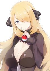 Rule 34 | 1girl, a-kiraa (whisper), absurdres, black coat, black shirt, blonde hair, blush, breasts, cleavage, closed mouth, coat, creatures (company), cynthia (pokemon), fur-trimmed sleeves, fur collar, fur trim, game freak, grey eyes, hair ornament, hair over one eye, hand up, highres, holding, holding poke ball, large breasts, long hair, long sleeves, looking at viewer, nintendo, poke ball, poke ball (basic), pokemon, pokemon dppt, shirt, simple background, solo, upper body, very long hair, white background