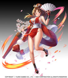 Rule 34 | 1girl, apple caramel, bare shoulders, blush, breasts, brown eyes, brown hair, cleavage, commentary request, company connection, company name, fatal fury, flower, full body, gradient background, hand fan, highres, holding, japanese clothes, large breasts, leg up, long hair, ninja, oil-paper umbrella, one eye closed, open mouth, pelvic curtain, petals, ponytail, revealing clothes, rope, shiny skin, shiranui mai, simple background, sleeveless, solo, the king of fighters, thighs, umbrella