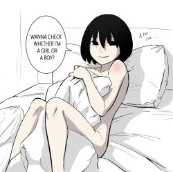 Rule 34 | 1other, ambiguous gender, androgynous, ass, bed, bed sheet, bedroom, between legs, black eyes, black hair, blanket, blanket hug, bob cut, collarbone, commentary, completely nude, covering privates, covering breasts, covering crotch, empty eyes, english text, feet out of frame, groin, hair between eyes, headboard, highres, holding, holding blanket, indoors, knees together feet apart, knees up, long bangs, looking at viewer, lying, monogatari (series), nude, on back, on bed, oshino ougi, pale skin, parted lips, partially colored, pillow, romaji commentary, short hair, shoulder blush, smile, solo, speech bubble, teasing, under covers, veko draw friendo, white background