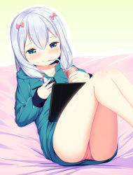Rule 34 | 1girl, absurdres, ass, blue eyes, can, commentary, drink can, drinking, eromanga sensei, highres, izumi sagiri, knees up, leaning back, legs, long hair, no pants, panties, pink panties, qkracho (thesdroz), silver hair, sitting, soda can, solo, straw, tablet pc, underwear