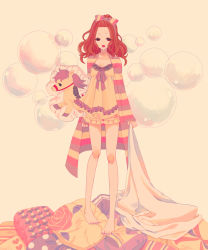 Rule 34 | 1girl, babydoll, bangs pinned back, bed sheet, blanket, bloomers, bow, bubble, chemise, hair bow, half updo, headband, jacket, long hair, looking at viewer, miri (cherryjelly), multicolored clothes, multicolored stripes, nail polish, open mouth, original, pajamas, pillow, red eyes, red hair, robe, simple background, sleepy, solo, standing, striped, striped bow, stuffed animal, stuffed toy, stuffed unicorn, toy unicorn, underwear, unicorn