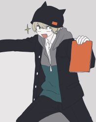 Rule 34 | 1boy, animal hat, blonde hair, book, cat hat, collared shirt, constricted pupils, hat, holding, holding book, hood, hood down, hoodie, jacket, long sleeves, maco22, male focus, open mouth, original, shirt, short hair, smile, solo