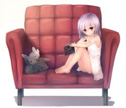 Rule 34 | 1girl, barefoot, blush, book, chair, closed mouth, commentary request, dress, feet on chair, from side, full body, hair between eyes, head tilt, holding, holding book, hot kakigoori, light smile, open book, original, red eyes, shadow, silver hair, simple background, sitting, solo, stuffed animal, stuffed rabbit, stuffed toy, white background, white dress
