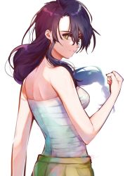 Rule 34 | 1girl, bare shoulders, breasts, clenched hand, from behind, fumetsu no anata e, hair between eyes, hand up, highres, mar0maru, medium breasts, parona, sarashi, shadow, shoulder blades, signature, simple background, solo, upper body, white background, yellow eyes