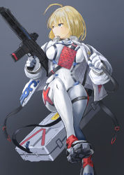 Rule 34 | 1girl, absurdres, acr (girls&#039; frontline), acr (search in the stars) (girls&#039; frontline), adaptive combat rifle, ahoge, assault rifle, bad id, bad pixiv id, blonde hair, blue eyes, bodysuit, breasts, closed mouth, covered navel, flying, full body, girls&#039; frontline, gloves, grey background, gun, highres, holding, holding gun, holding weapon, jacket, looking away, medium breasts, medium hair, mole, mole under eye, official alternate costume, open clothes, open jacket, revision, rifle, solo, spacesuit, ssvtt1v3erngwyw, tight clothes, weapon, weapon case, white bodysuit, white gloves, white jacket
