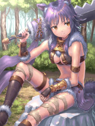 Rule 34 | 1girl, animal ear fluff, animal ears, arm strap, armor, bandages, blush, boots, breasts, brown eyes, brown footwear, capelet, chain, commentary, forest, fur capelet, fur trim, greatsword, grey shorts, hirokazu (analysis-depth), holding, holding sword, holding weapon, light purple hair, long hair, looking to the side, makoto (princess connect!), medium breasts, nature, outdoors, princess connect!, rock, short shorts, shorts, sitting, sitting on rock, smile, solo, split mouth, sword, tail, thigh strap, weapon