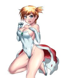 Rule 34 | 1girl, asymmetrical hair, bare legs, bare shoulders, blue eyes, blush, breasts, cleavage, cosplay, creatures (company), game freak, gen 1 pokemon, gloves, goldeen, goldeen (cosplay), highres, large breasts, legs, leonart, looking at viewer, misty (pokemon), nintendo, open mouth, orange hair, pokemon, pokemon (anime), pokemon (classic anime), pokemon ep043, ponytail, short hair, side ponytail, solo