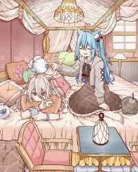 Rule 34 | 2girls, :&gt;, :d, ^ ^, ahoge, animal ear fluff, animal ears, barefoot, bead bracelet, beads, bed, black bow, black ribbon, blue bow, blue bowtie, blue hair, blush, bow, bowtie, bracelet, brown dress, cable knit, canopy bed, cardigan, cat ears, cellphone, chair, closed eyes, closed mouth, collared shirt, commentary request, cushion, dress, ear piercing, expressionless, extra ears, feet, frilled dress, frills, grey cardigan, grey eyes, grey hair, hair between eyes, hair bow, hand up, hat, heart, heart ahoge, highres, holding, holding phone, hololive, index finger raised, indoors, jewelry, lamp, lantern, lion ears, long bangs, long hair, long sleeves, lying, multicolored hair, multiple girls, neck ribbon, necklace, on bed, on stomach, open cardigan, open clothes, open mouth, parted bangs, phone, piercing, pillow, pinafore dress, pointy ears, poking, ribbon, shirt, shishiro botan, shishiro botan (casual), sidelocks, sitting, sleeveless, sleeveless dress, sleeves past wrists, smartphone, smile, ssrb (shishiro botan), streaked hair, table, toes, two side up, virtual youtuber, wariza, white headwear, white shirt, window, wing collar, yukihana lamy, yukihana lamy (casual), yukimin (yukihana lamy), yurai0739