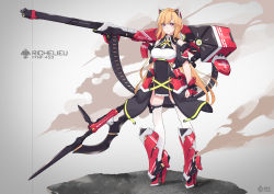 Rule 34 | 1girl, alternate costume, ammunition belt, artist name, azur lane, black dress, breasts, cannon, character name, dress, full body, halberd, high heels, highres, holding, holding weapon, iris libre (emblem), kuroba chihiro, large breasts, long hair, looking at viewer, mecha musume, mechanical ears, orange hair, pink eyes, polearm, richelieu (azur lane), science fiction, sleeveless, thighhighs, weapon, white thighhighs
