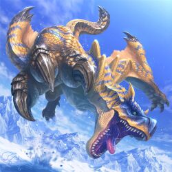 Rule 34 | animal focus, blue sky, claws, cloud, commentary, day, dragon, fins, foreshortening, full body, green eyes, head fins, highres, jumping, looking at viewer, midair, monster, monster hunter (series), mountain, no humans, open mouth, outdoors, realistic, satoyuki, scales, sharp teeth, signature, sky, slit pupils, snow, solo, tail, teeth, tigrex, tongue, wings, wyvern