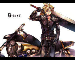 Rule 34 | 1boy, belt, biker clothes, bikesuit, black gloves, black jacket, black pants, blonde hair, blue eyes, bodysuit, buster sword, cloud strife, commentary, english text, expressionless, final fantasy, final fantasy vii, gloves, hand in pocket, holding, holding sword, holding weapon, jacket, jewelry, leather, leather jacket, looking to the side, male focus, motor vehicle, motorcycle, necklace, official alternate costume, over shoulder, pants, simple background, solo, spiked hair, sword, sword over shoulder, tama (tmfy5), upper body, weapon, weapon over shoulder, white background, zipper