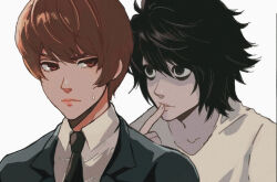 2boys bags_under_eyes black_eyes black_hair black_jacket black_necktie brown_eyes brown_hair collared_shirt death_note finger_to_mouth furrowed_brow hair_between_eyes jacket l_(death_note) looking_at_another male_focus multiple_boys necktie shirt softp3ach suit_jacket sweatdrop upper_body white_background white_shirt yagami_light