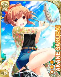 1girl :o black_neckwear black_shirt blouse blue_skirt bow brown_eyes brown_hair card_(medium) day fish fishing_rod girlfriend_(kari) green_jacket hair_ornament jacket looking_at_viewer official_art open_mouth outdoors ponytail qp:flapper river sakurai_akane_(girlfriend) shirt skirt standing standing_on_one_leg surprised