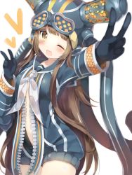 Rule 34 | 10s, 1girl, absurdres, bad id, bad pixiv id, black gloves, blush, brown hair, cable, center opening, double v, gloves, goggles, goggles on head, helmet, hexagon, highres, honeycomb pattern, iona (last period), jacket, kerchief, last period, long hair, long sleeves, looking at viewer, navel, niito, one eye closed, romper, sailor collar, smile, solo, unzipped, v, white background, yellow eyes, zipper