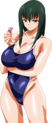 Rule 34 | 1girl, breasts, character request, cleavage, female focus, green eyes, green hair, highres, large breasts, matching hair/eyes, oyu no kaori, simple background, solo, swimsuit, whistle